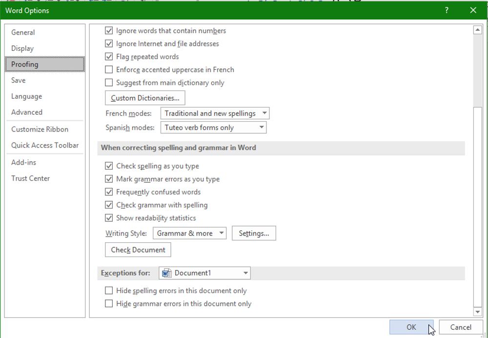 proofing options show readability